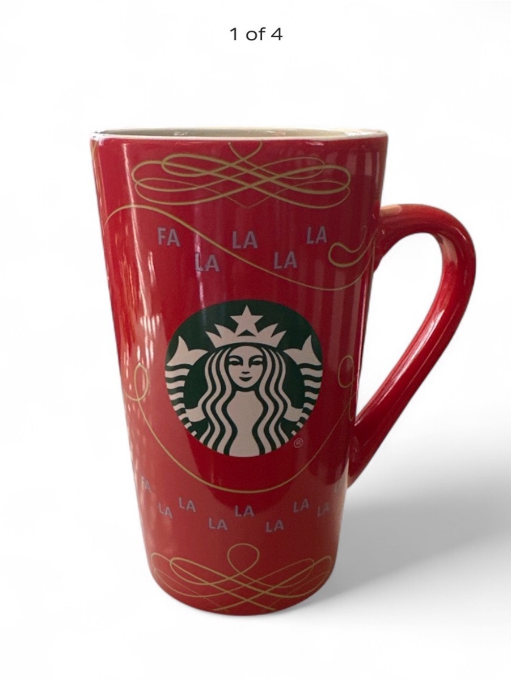 Starbucks Red Ceramic Holiday Mug with Green Logo and Gold Accents